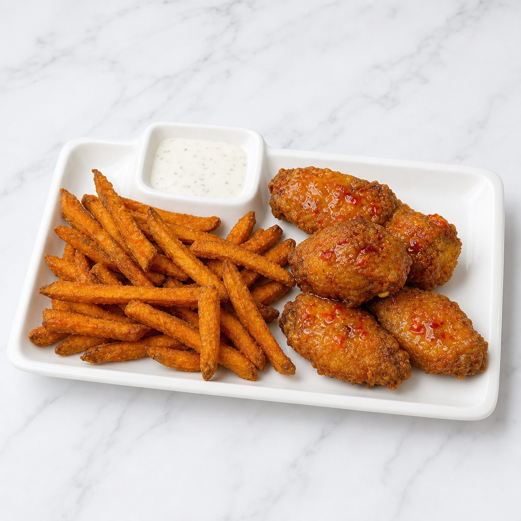 Spicy Basil Wings (5 Pcs) & Sweet Potato Fries.
