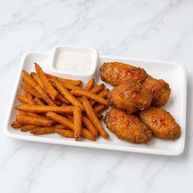 Spicy Basil Wings (5 Pcs) & Sweet Potato Fries.