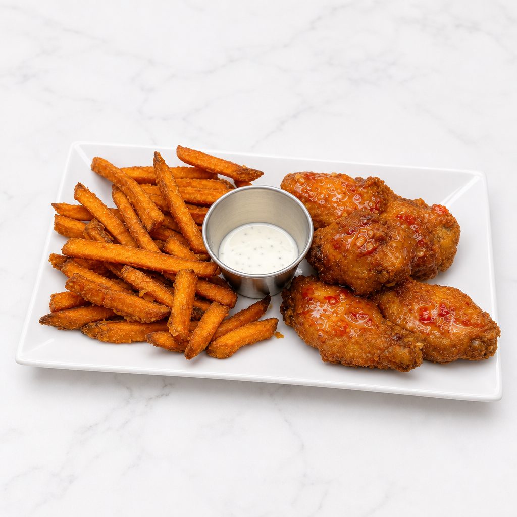 Honey BBQ Wings (5 Pcs) & Sweet Potato Fries.