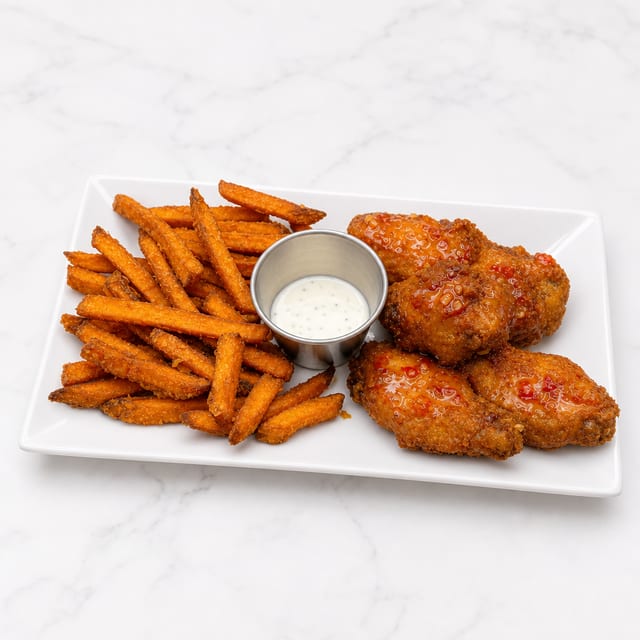 Honey BBQ Wings (5 Pcs) & Sweet Potato Fries.