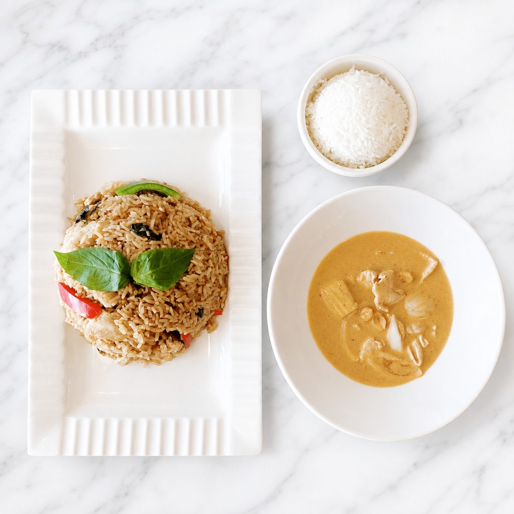 (Combo Full Size) Spicy Basil Fried Rice + Massaman Curry.
