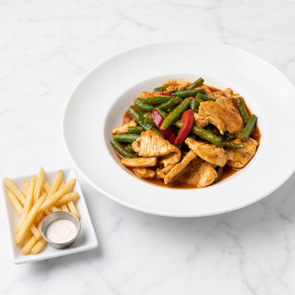 Pad Prik King - Thai Red Curry Stir-Fry (with FREE French Fries).