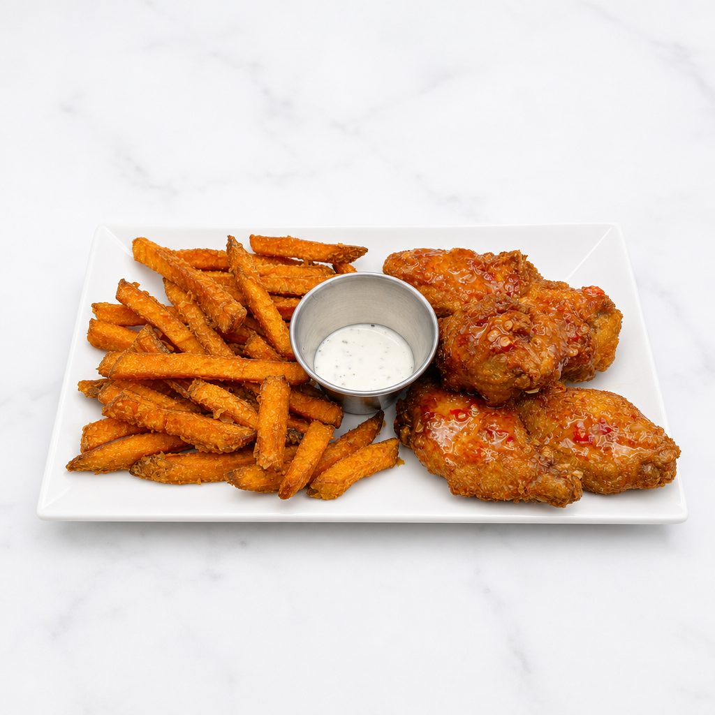 Sriracha Chili Wings (5 Pcs) & Sweet Potato Fries.
